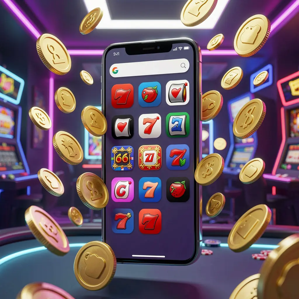 UDM 19 Android casino app concept displayed on a modern phone with app icons, surrounded by golden coins and slot symbols floating in a neon casino atmosphere, realistic 3D render