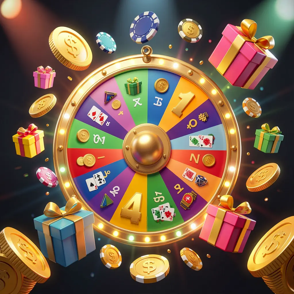 UDM 19 online casino bonus wheel with colorful prize wheel surrounded by golden coins, chips, and gift boxes, glowing casino lights creating an exciting jackpot atmosphere on a dark background