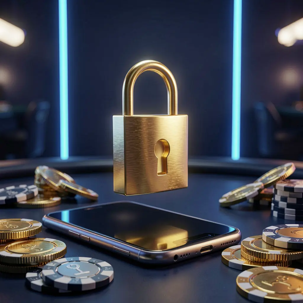 UDM 19 casino login security image showing a glowing padlock floating above a smartphone with golden coins and chips scattered around on a dark blue neon background in a premium realistic 3D render