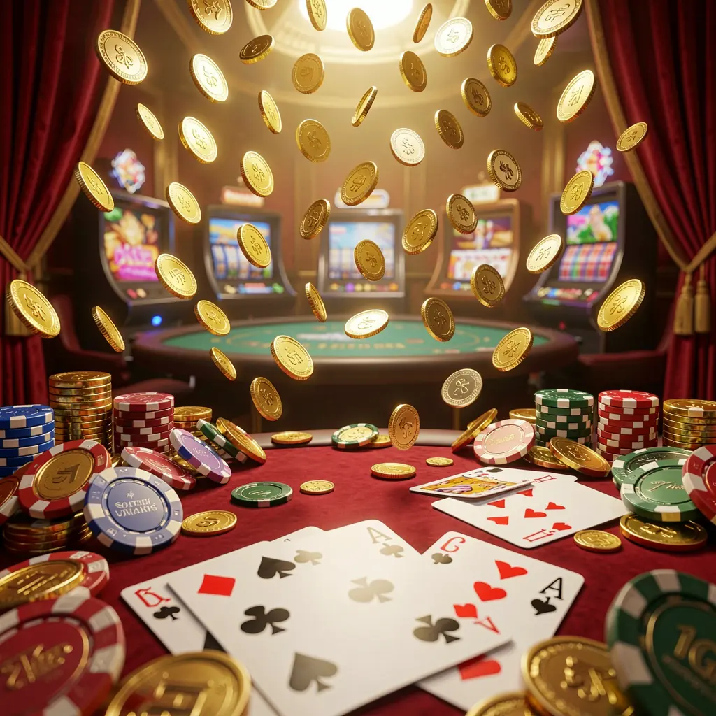 UDM 19 online gaming platform homepage banner featuring bright casino lights, golden coins raining, poker chips and playing cards in the foreground with a luxury red and gold atmosphere in a high detail 3D render